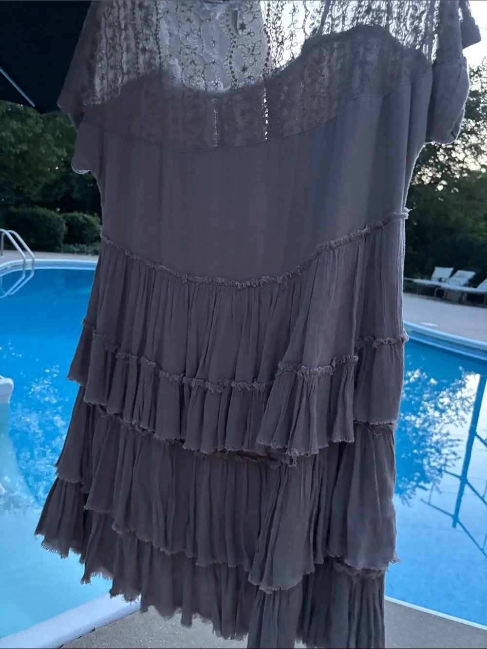 FP Gray Lavender Taupe Tiered Ruffle Lace Baby Doll Cap sleeve Tunic L XL fit